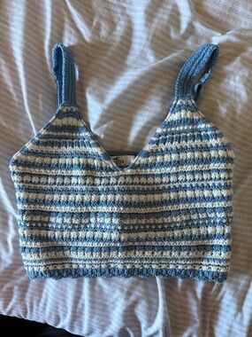 Hollister Blue and Cream Striped Cropped Knit Tank Top